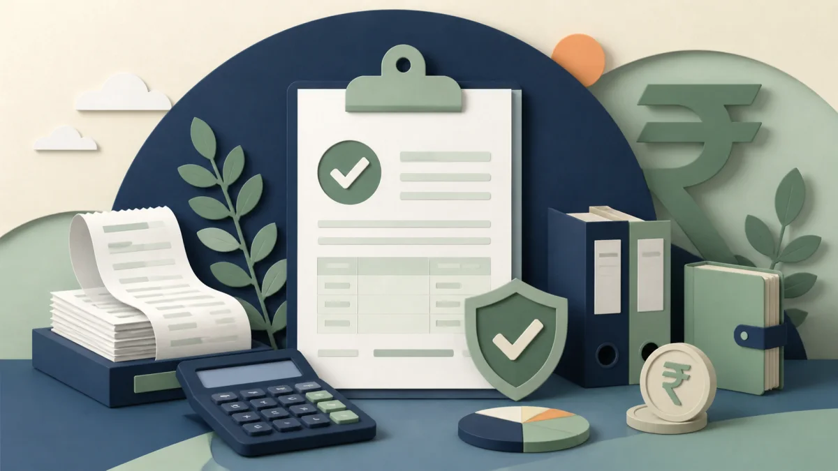 Illustration of GST paperwork, calculator, receipts and verified tax records