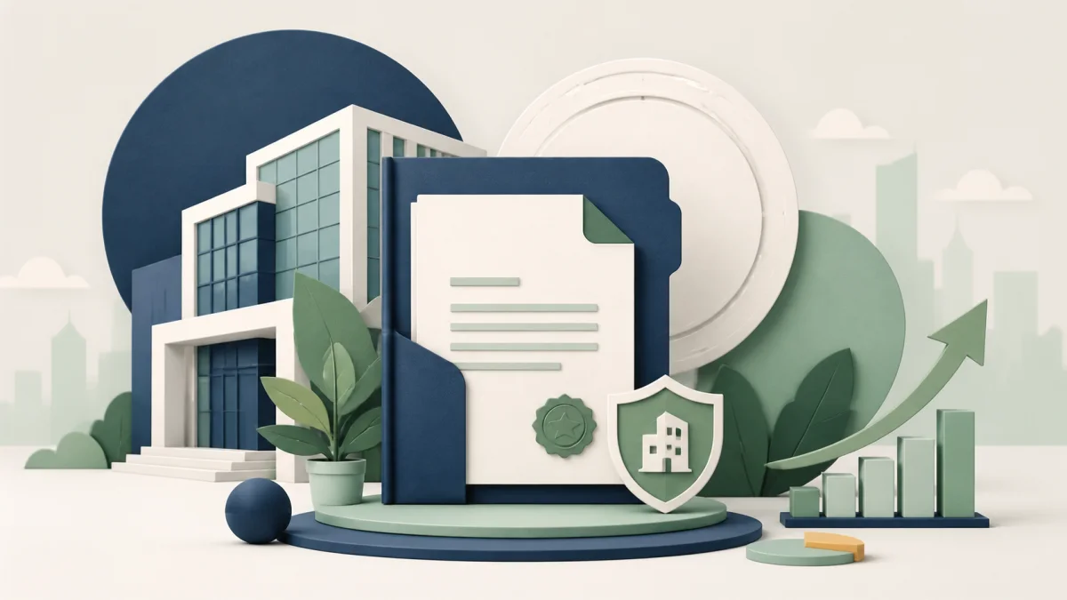 Illustration of company incorporation documents and a modern office building